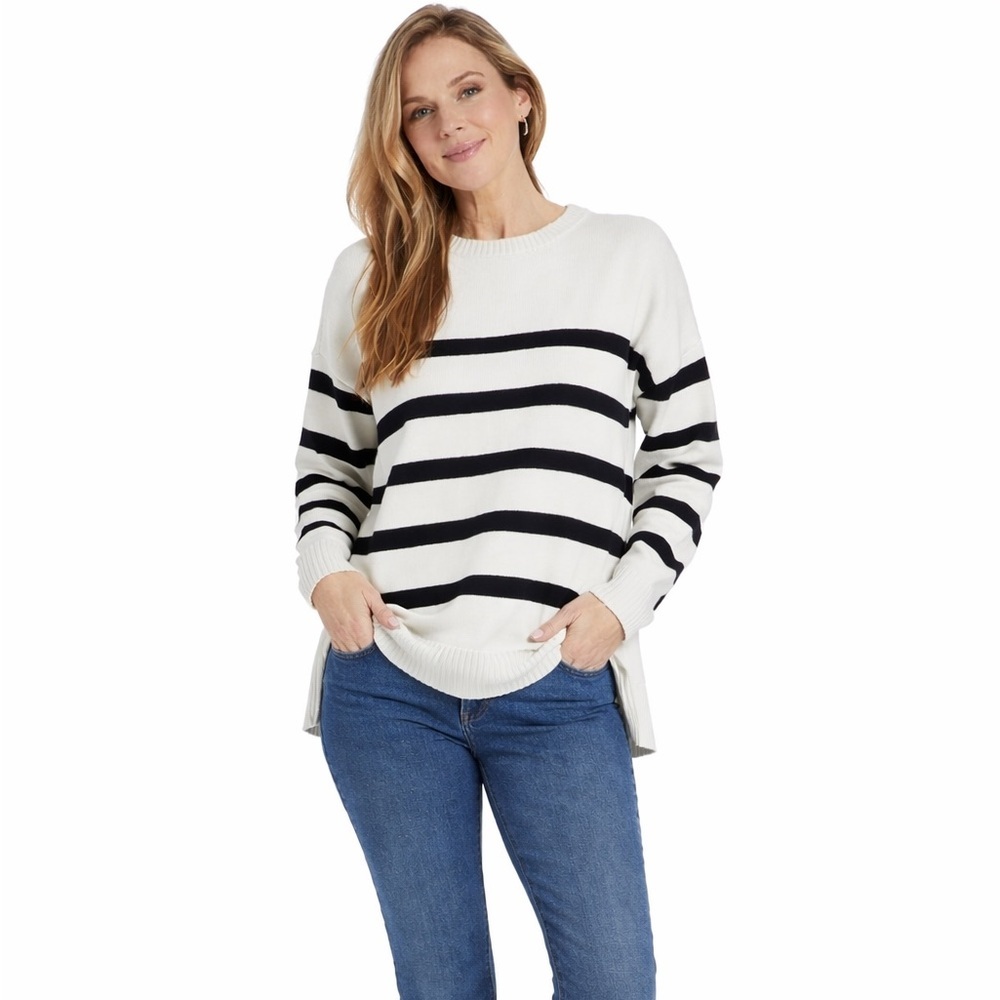 French Connection Essentials Womens Striped Knit Crew Neck Sweater Black White M